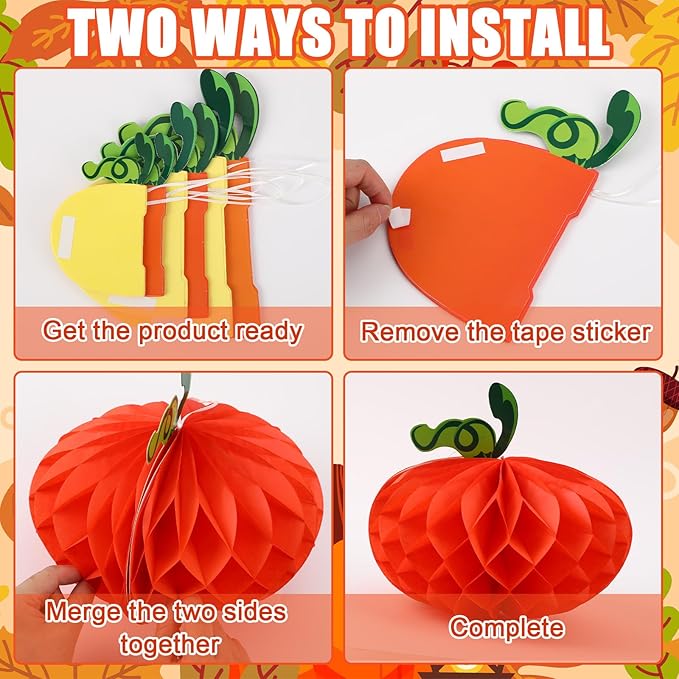 15PCS Pumpkin Honeycomb Decorations, Orange Red Yellow Honeycomb Fall Hanging Ornaments for Autumn Thanksgiving Party Favor Supplies