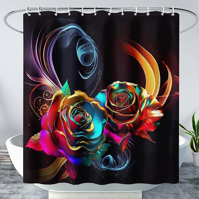 AILONEN Gold Rose Flower Shower Curtain for Kids Girls Teens,Butterfly Rose Flower Bath Curtain for Bathroom Decor,Romantic Polyester Waterproof with 12 Plastic Hooks 72" W*84" H