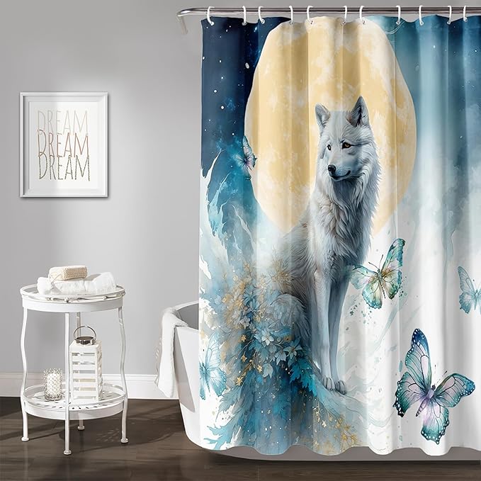 AILONEN 3D Printed Wolf Shower Curtain, Watercolor Floral Wolf Bath Curtain for Boys Girls Kids,Modern Minimalist White Waterproof Fabric Shower Curtain 60" W*72" H
