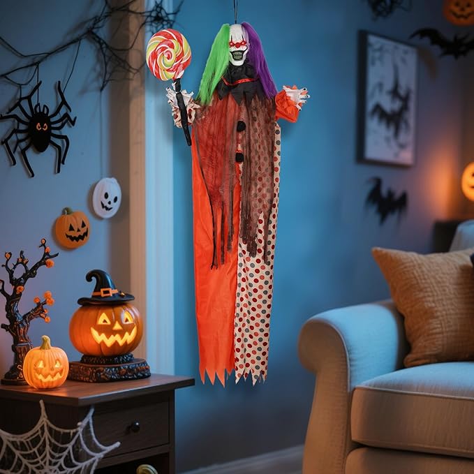Prsildan Halloween Hanging Clown Decorations Outdoor Scary Animated Clown Halloween Props with Creepy Sound, Motion Activated, Red Light Up Eyes for Indoor Outside Yard Holiday Décor