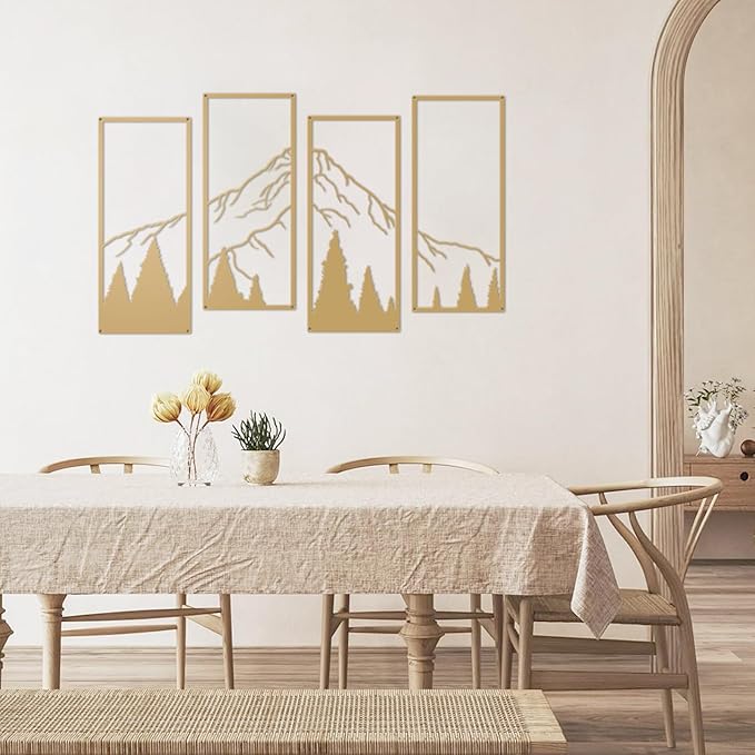 ruelen 4 Pcs Metal Mountain and Forest Wall Decor Line Drawing Wall Art Abstract Minimalist Wall Decor Rustic Nature Home Wall Art Sculpture for Home Office Bedroom Bathroom Living Room (Gold, Small)