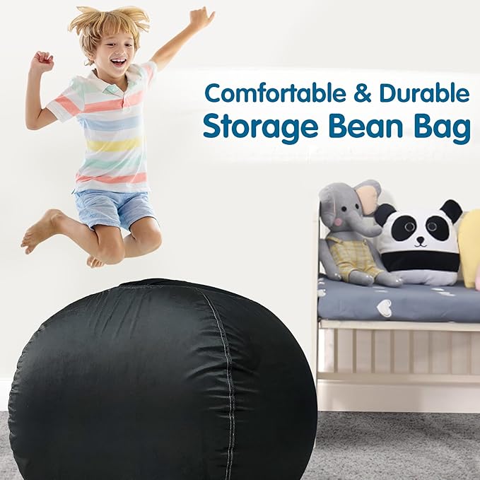 Lukeight Stuffed Animal Storage Bean Bag Chair Cover for Kids, Zipper Beanbag Chair Cover for Organizing Toddler and Kids' Rooms Plush Toys (Black, Large)
