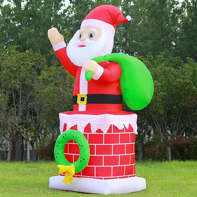 DomKom Christmas Inflatables Outdoor Decoration, 6 FT Chimney Santa Claus with Gift Bag Blow up Build-in Led Light Party Lawn Holiday Winter Outside Decor