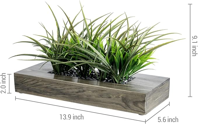 MyGift Large Artificial Green Grass Plants Potted in 14 Inch Vintage Weathered Gray Solid Wood Rectangular Planter Box, Decorative Tabletop Faux Greenery Centerpiece Décor