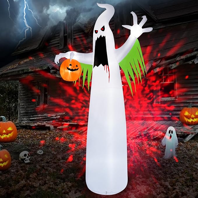 B&D 13FT Halloween Inflatables Outdoor Decorations, Giant White Ghost Inflatable Halloween Decorations Built-in Red LED Flame Light Halloween Blow up Inflatable Ghost for Party Yard Garden Lawn Decor
