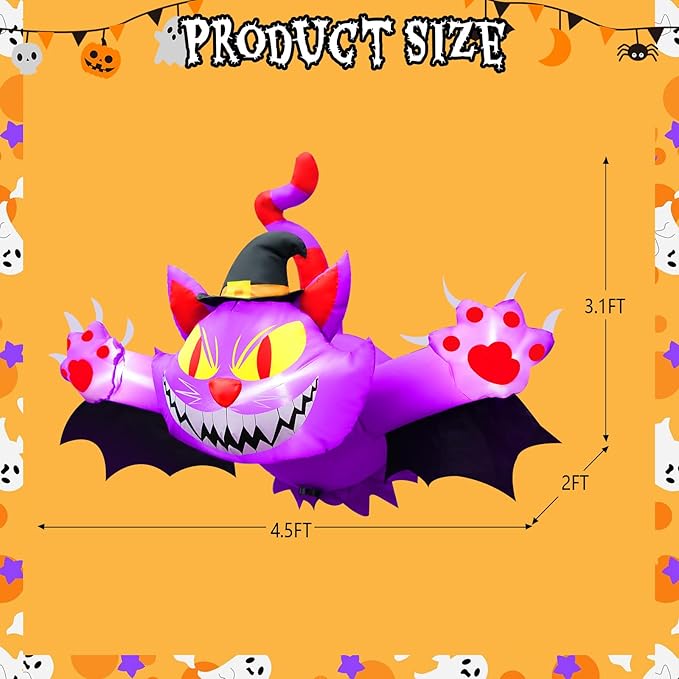 4.5FT Halloween Inflatable Purple Cat, Blow up Halloween Decoration Broke Out from Window Built-in 3 LED for Halloween Decoration Outdoor Indoor Home Party Supplies Halloween Lawn Decor