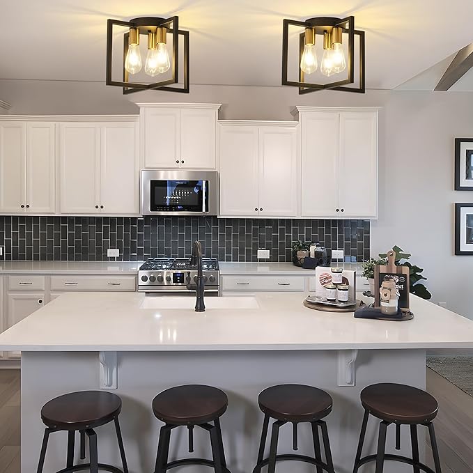 3-Light Ceiling Light Fixture, Black and Gold Semi-Flush Mount Chandelier with Geometric Metal Shade, Farmhouse Industrial Lighting for Kitchen Living Room Bedroom Hallway Foyer, E26 Base