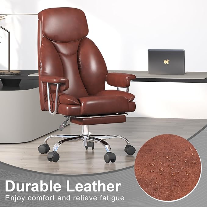 Big and Tall Office Chair, Ergonomic Leather High Back Executive Computer Desk Chair with Retractable Footrest and Padded Arms, 360°Swivel Free, 90-135°Reclining, 500lbs Wide Seat, Brown
