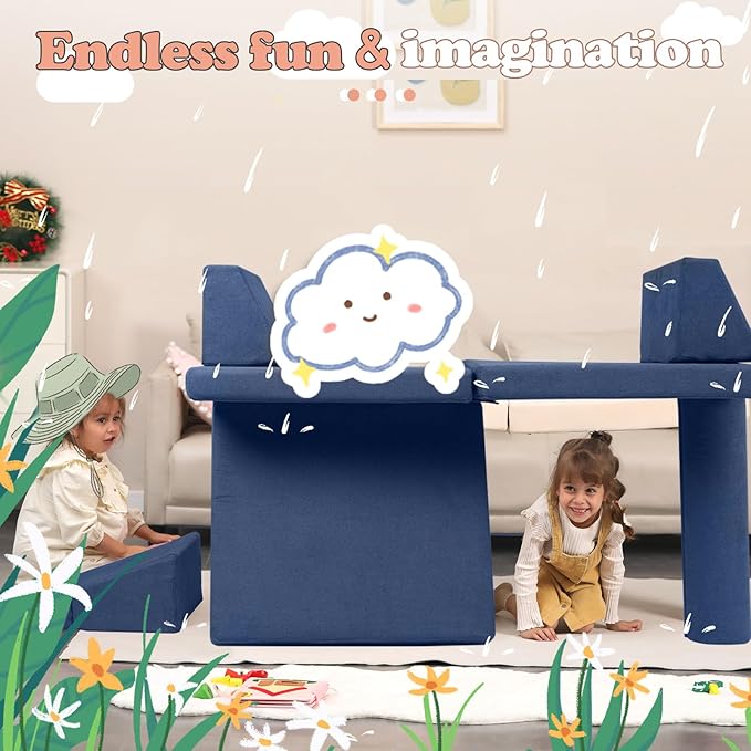 Kids Couch, 9 PCS Play Couch Sofa for Kids Imaginative Furniture Play Set for Creative Kids,Toddler to Teen Bedroom Furniture, Couch Sofa Foam Play Couch Indoor Outdoor(Chenille Blue)