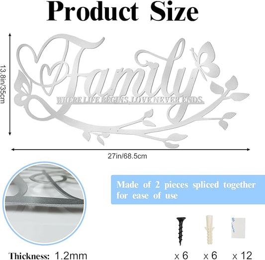 Family Where Life Begins Love Never Ends Word Sign Metal Wall Decor, Silver Home Decor Wall Art Decorations, Letters Quotes Sign for Living Room Bedroom Kitchen Indoor Outdoor Decor(28 x 13in)