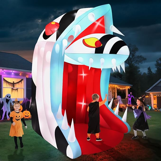 10FT Halloween Inflatable Snake Head with LED Light, Kalolary Halloween Outdoor Decoration with Open Mouth and Sharp Teeth, Halloween Inflatable Archway Halloween Snake Blow up Yard Decor for Home