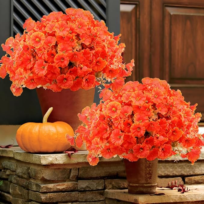 Artificial Fall Flowers Fake Plants for Outdoor Autumn Decoration, 12 Bundles Silk Orange Morning Glory UV Sun Resistant Realistic Faux Flowers for Window Box Porch Patio Yard Balcony (Fall Plants)