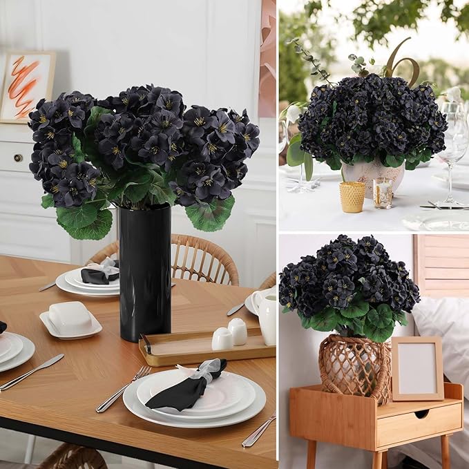 Hananona 12 Bundles Artificial Geranium Flowers for Outdoors Black Silk Geranium Flowers Outdoor UV Resistant Plants Faux Black Flower for Home Kitchen Halloween Table Centerpieces Decor (12, Black)
