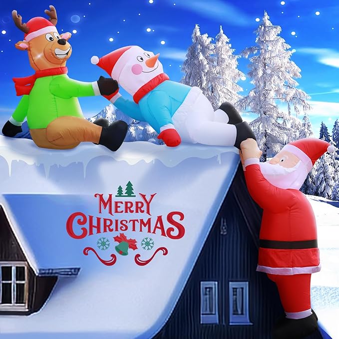 DomKom 8FT Christmas Inflatables Roof Outdoor Decorations, Climbing Santas with Reindeer and Snowman, LED Lights Holiday Blow Up Decoration for Outside Home Windows Eaves
