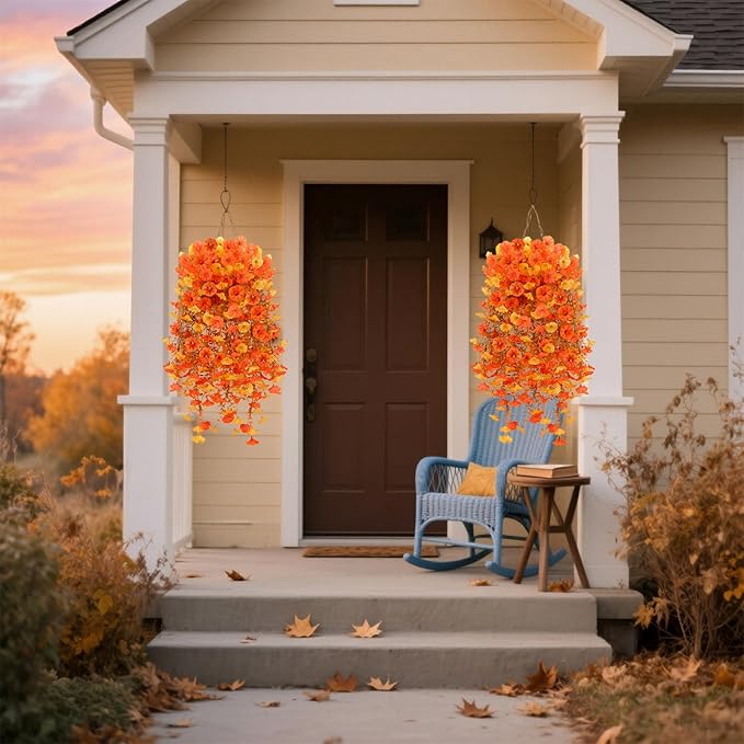 Fall Flowers for Outdoors, Fake Mums, 2 Bundles Hanging Morning Glory UV Resistant Artificial Bouquets for Autumn Porch, Realistic Faux Floral Fall Decor (Orange Yellow)