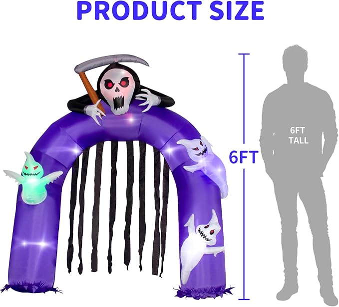 6FT Halloween Inflatables Giant Grim Reaper Arch with Three White Ghost, Built-in LEDs for Halloween Blow-Up Indoor-Outdoor Decoration, Cute Fun Holiday/Party/Yard/Garden Fantasy Party Display