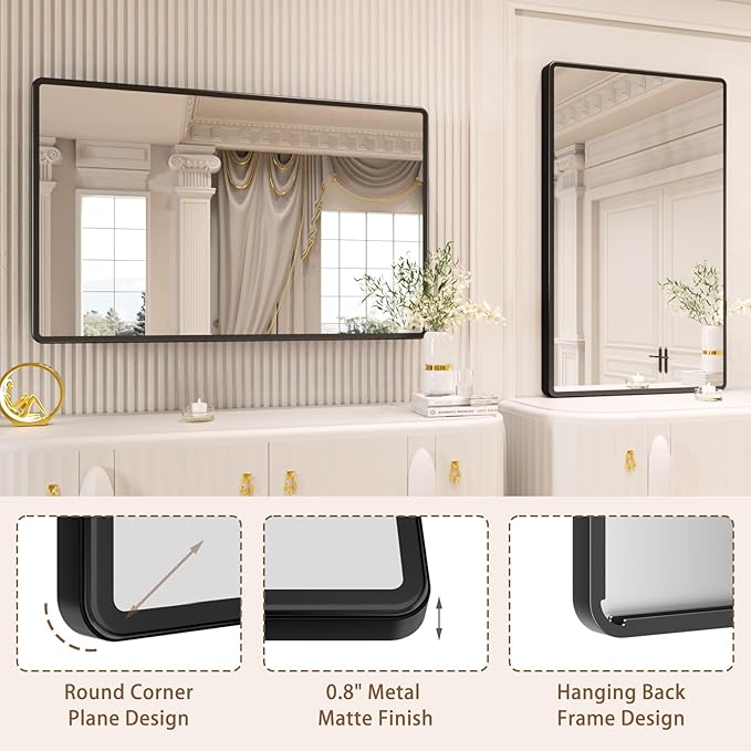 New Upgrade 48X30 Inch Wall Mounted Bathroom Mirror, Black Metal Frame Rounded Rectangle Mirror, Bathroom Vanity Mirror with Tempered Glass for Washroom Bedroom Living Room
