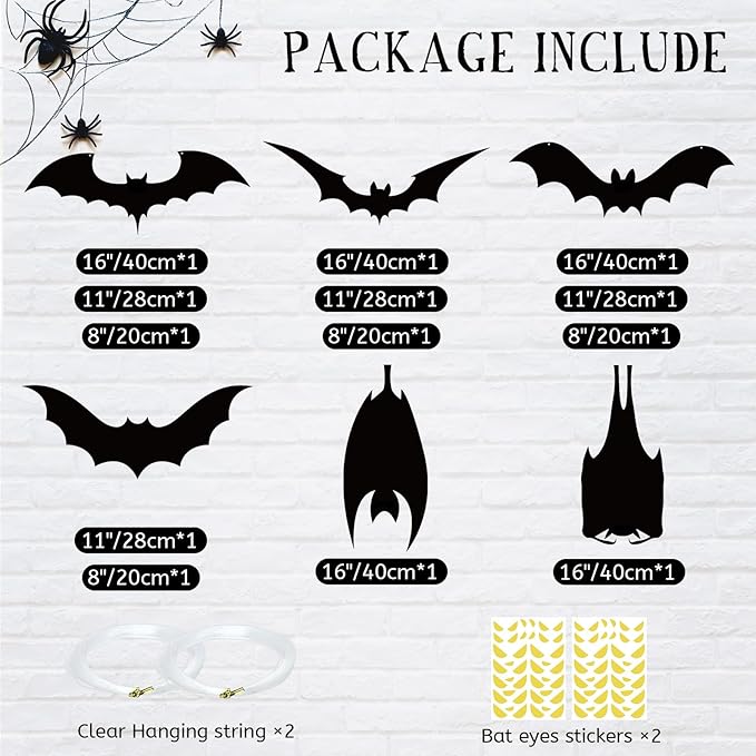 13 PCS Hanging Bats Halloween Decoration Outdoor Black Plastic Bats with Glowing Eyes Different Size Flying Bats Halloween Decor Hanging in The Tree, Porch, Yard, Lawn, Indoor