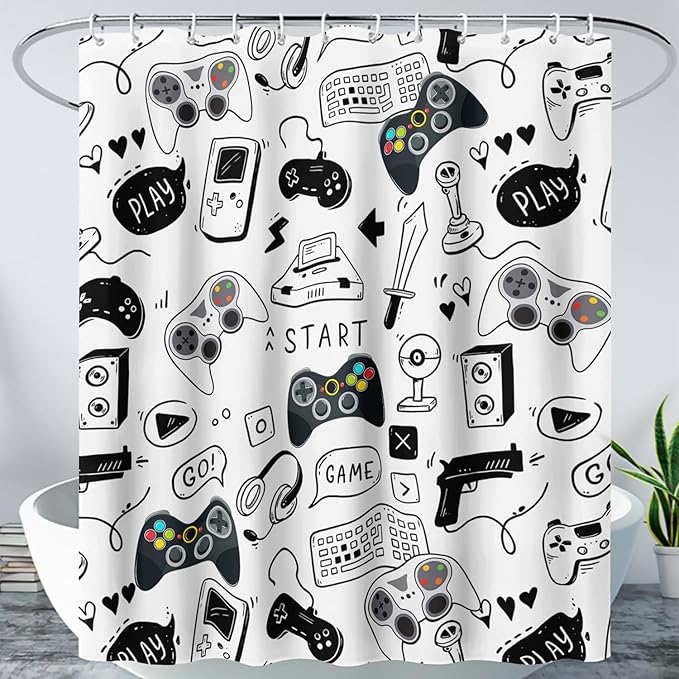 AILONEN Gamer Shower Curtain for Boys 72" W*96" H Black Gaming Video Game Bathroom Curtain,Teen Boys Bath Curtain Polyester Waterproof Retro Game Controller Bathroom Curtain with 12 Hooks