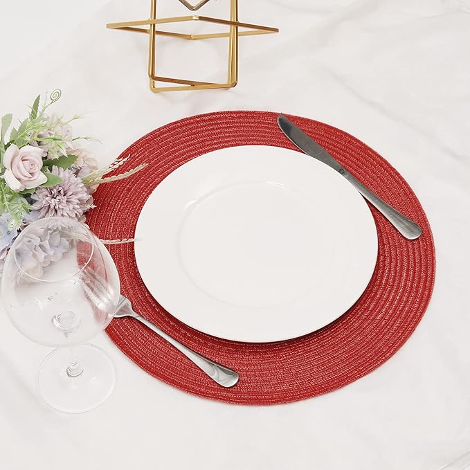 SHACOS Round Placemats Set of 6 Woven Braided Polyester 15 inch Circle Placemat for Dining Tables Kitchen Table Mats Washable for Christmas Home Wedding Party Table Decor (Red, 6)