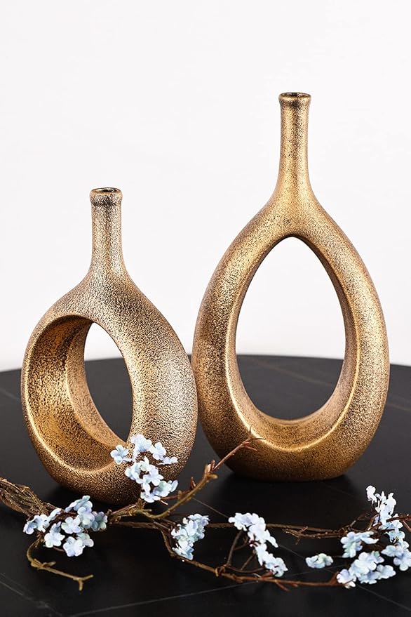 Vintage Gold Ceramic Vase Set 2,Modern Hollow Circle with Hole Flower Vase for Home Decor,for Table Centerpieces,Farmhouse,Fire Place,Living Room,Bedroom,Office,Bookshelf,Rustic Decor