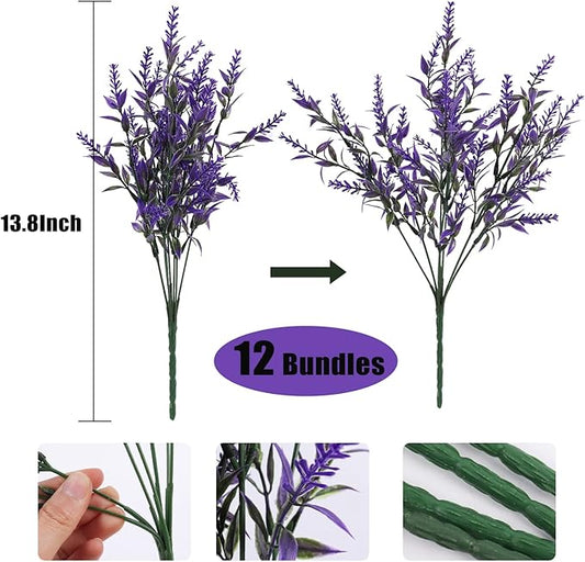 Artificial Plants Outdoor Artificial Lavender Flowers 12 Bundles Outdoor UV Resistant Fake Flowers No Fade Faux Plastic Plants Garden Porch Window Box Decorating,Spring Decorations for Home(Purple)