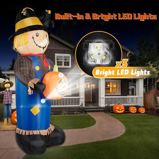 8FT Fall Inflatables Scarecrow Decorations, Giant Scarecrow with Pumpkin Inflatable Yard Decor Built-in LEDs, Scarecrow Blow Up Yard Decorations for Halloween Fall Autumn Harvest Lawn Garden