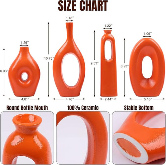 Orange Ceramic Vase Set of 4, Home Decor Circle Hollow Vases for Pampas Grass, Modern Decorative Flowers for Living Room, Office, Mantel, Entryway, Table Centerpieces