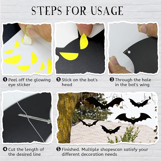 13 PCS Hanging Bats Halloween Decoration Outdoor Black Plastic Bats with Glowing Eyes Different Size Flying Bats Halloween Decor Hanging in The Tree, Porch, Yard, Lawn, Indoor