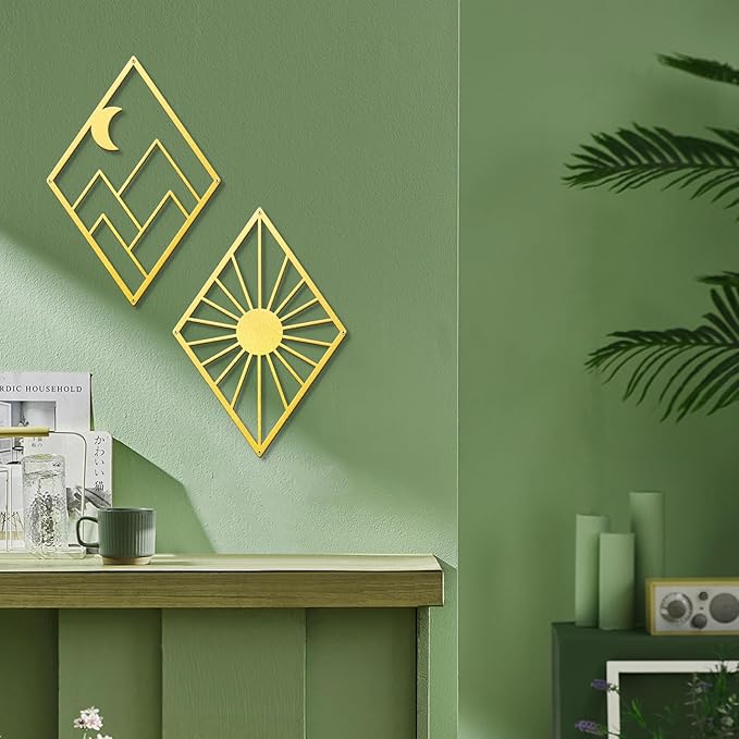 Sokurdeg Gold Metal Wall Art, Boho Minimalist Geometry, Bohemian Abstract Line Metal Art for Bedroom Bathroom Living Room (3 Pack, 12 x 17 in)