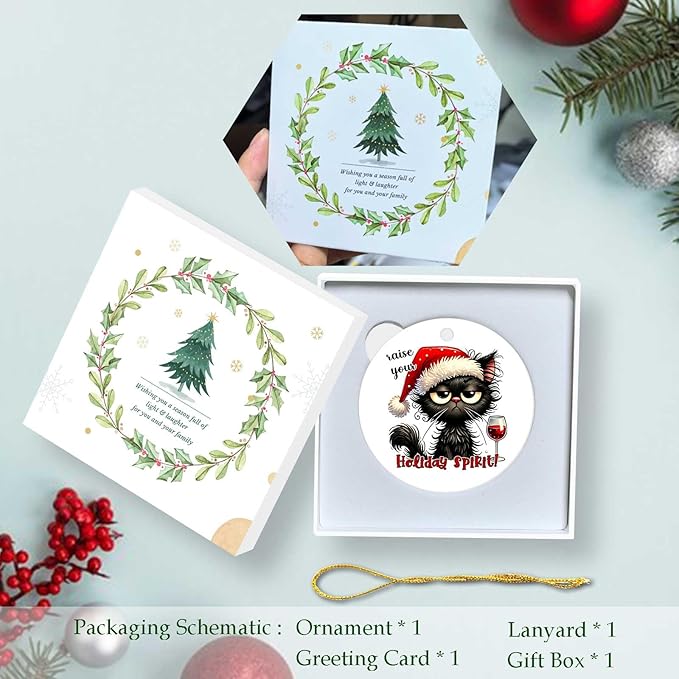 Christmas Black Cat Ornament Raise Your Holiday Spirit Round Ceramic Ornament Xmas Keepsake for Christmas Tree Winter Holiday Xmas Gift for Women Men Xmas Hanging Ornament 3"