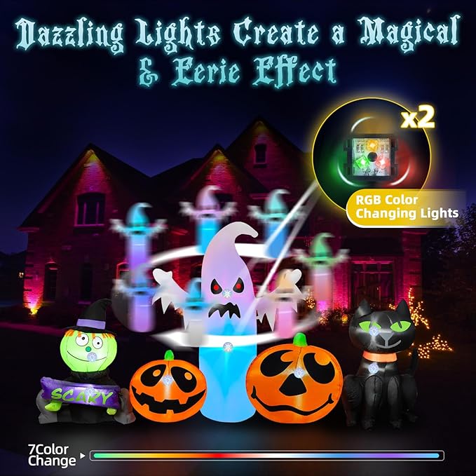 8FT Long Halloween Inflatables Outdoor Decorations, Inflatable Pumpkin and Ghost Black Cat Halloween Decorations with Built-in RGB LEDs Blow Up Inflatable for Halloween Party Garden Yard Lawn
