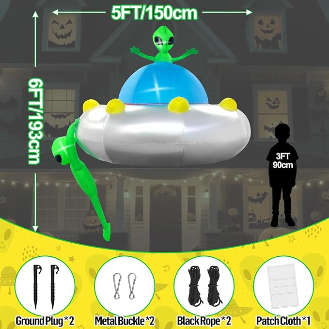 Kalolary 6FT Halloween Inflatable Hanging Alien UFO Outdoors Decoration, Blow Up Yard Decorations Scary Alien Inflatable with Build-in LED Lights for Halloween Party Garden Lawn Indoor Outdoor Decors