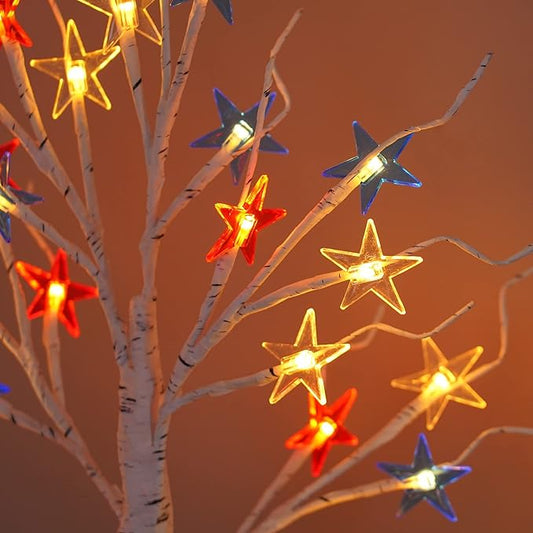 4th of July Patriotic Decorative DIY Artificial Tree Lamp, 24 LED Birch Tree Lights, Battery/USB Operated Fourth of July Independence Day Lighted Tree for Home Table Party Decor(Colorful)