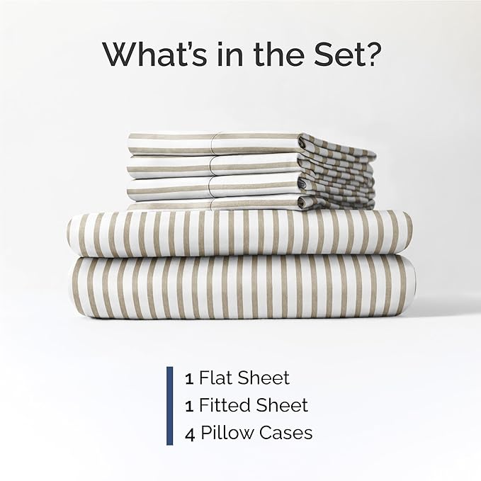 CGK Linens Full 6 Piece Sheet Set - Cooling Sheets for Hot Sleepers - Hotel Luxury Bedding Set with 8-16 Inch Deep Pockets - 1 Flat & 1 Fitted & 4 Pillowcases - Soft and Wrinkle Free - Beige Stripes