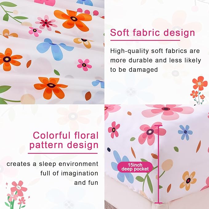Queen Sheet Set White Colorful Floral Bed Sheets Set Cute Soft Microfiber Cooling Sheets 4 Pieces Queen Size Bed Set Wrinkle Free, 15 inch Deep Pocket Fitted Sheet, Flat Sheet, Pillowcases