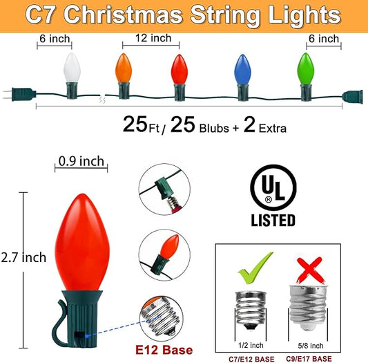 C7 Christmas Lights, 25Ft Ceramic Vintage Christmas Lights with 25 Multicolor C7 Bulbs, Hanging Outdoor Christmas Lights for Christmas Tree Party Backyard Wedding Party Decor- Green Wire