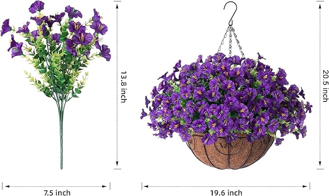 Artificial Fake Hanging Plants Flowers Basket for Outdoors Spring Summer Decoration, Silk Purple Morning Glory Eucalyptus UV Sun Resistant Realistic Faux Flowers for Outside Porch Patio Balcony Home
