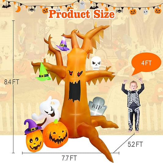 8.4FT Halloween Inflatable Spooky Tree, Halloween Blow up Tree Inflatable with Ghost Pumpkin Skull Wizard Hat Tombstone Built-in 7 LED for Halloween Party Parade Haunted House Outdoor Decor