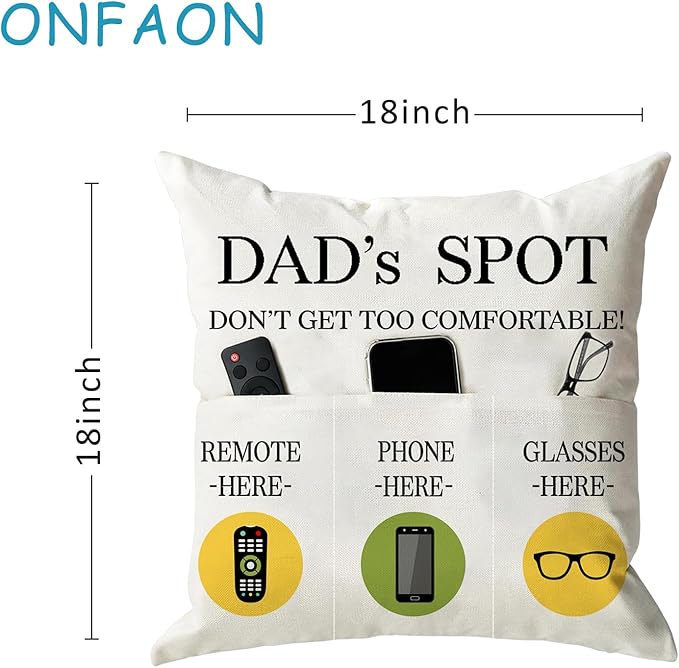 Father's Day Throw Pillow Case, Dad's Spot Throw Pillow Covers 18 x 18 Inch,Dad Gifts from Daughter Son,Birthday Christmas Thanksgiving Day Gifts for Papa Stepdad ,3-Pocket