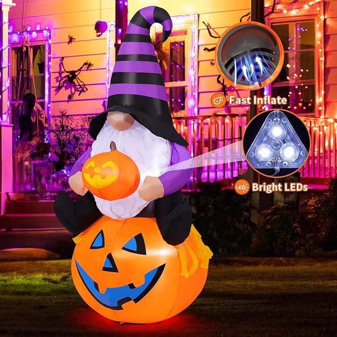 GOOSH 5 FT Halloween Gnome Inflatable with Pumpkin Outdoor Decorations Gnome Blow Up Yard Built-in LEDs for Garden Lawn Indoor Party Decor