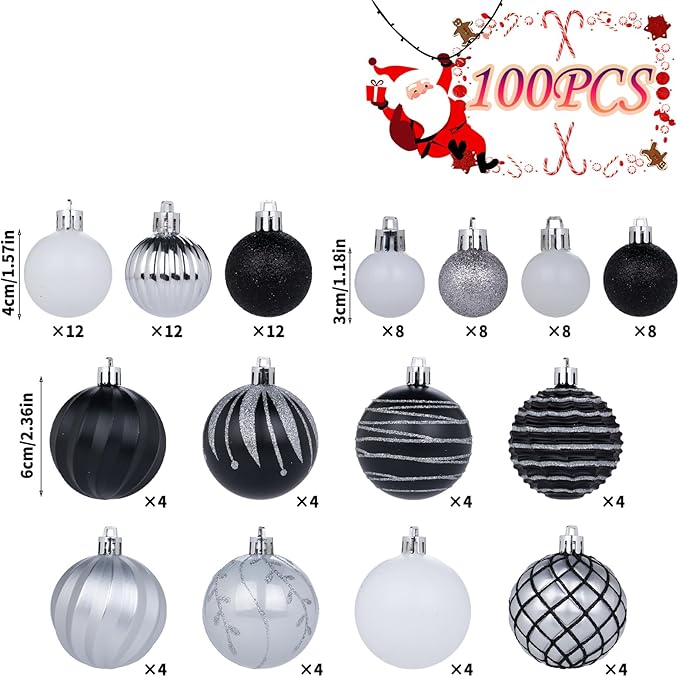 100Pcs Christmas Ball Ornaments Set, Assorted Shatterproof Christmas Ornament, Christmas Tree Theme Hanging Decoration for Xmas Tree Holiday/Party/Home Decor (Black & White & Silver)