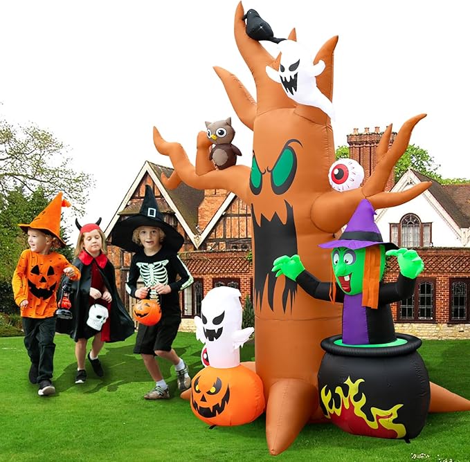 8FT Halloween Inflatables Tree Outdoor Decor with Inflatable Ghost Witch Pumpkins Blow Up Yard Decorations with LED Lights Owl Eyeballs Outside Lawn Party Decor