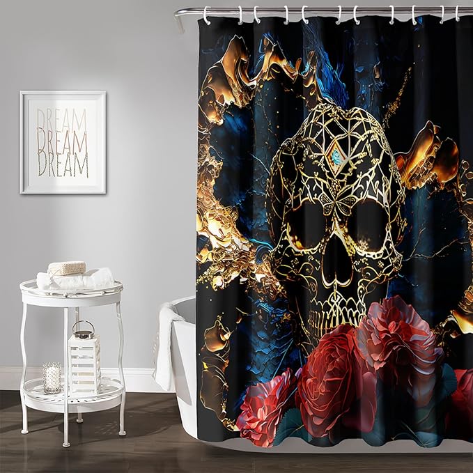 AILONEN 3D Skull Shower Curtain,Oil Ren Rose with Gold Skull Skeleton Design Shower Curtain Set with Hooks for Boys Girls Teens,Gothic Skull Waterproof Fabric Shower Curtain for Bathroom,48" W*72" H