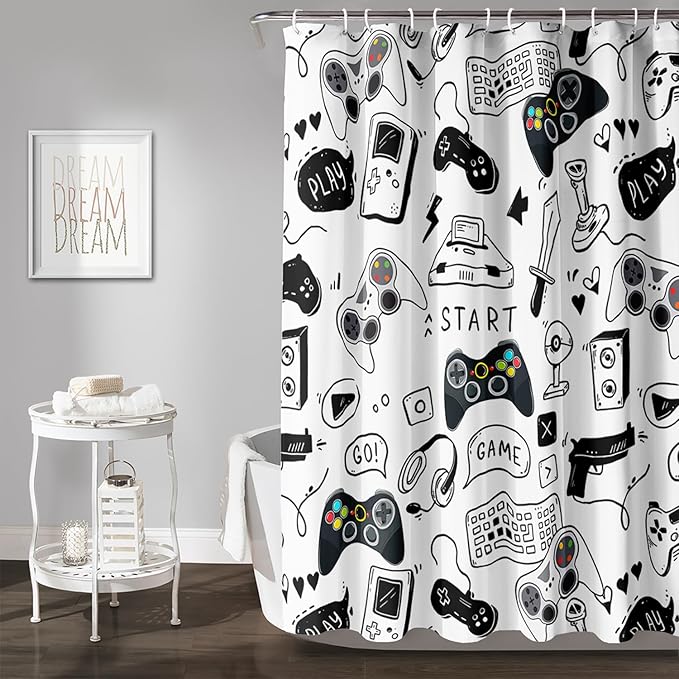 AILONEN Gamer Shower Curtain for Boys 72" W*96" H Black Gaming Video Game Bathroom Curtain,Teen Boys Bath Curtain Polyester Waterproof Retro Game Controller Bathroom Curtain with 12 Hooks