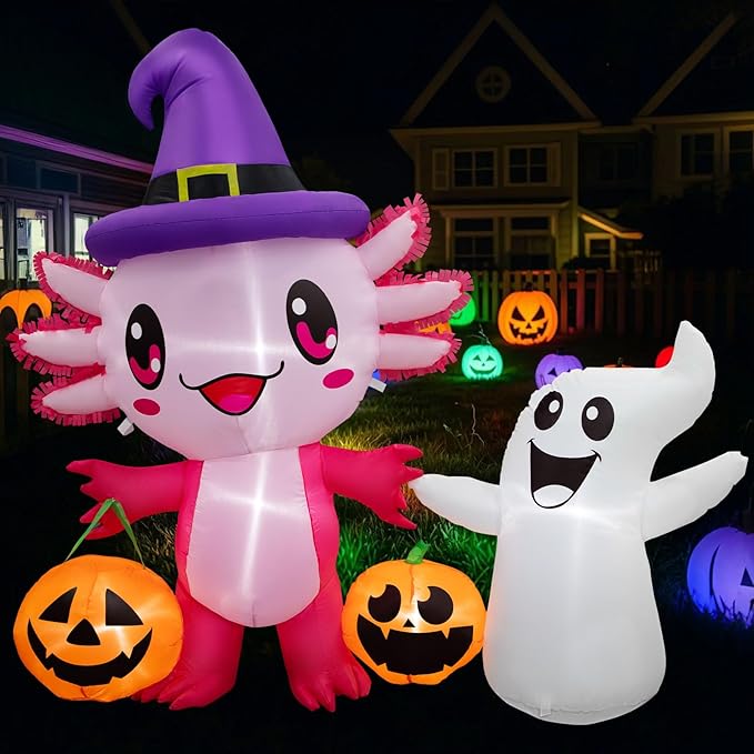 Halloween Inflatable Outdoor Decorations 5.7FT Axolotl Ghost Hold Pumpkin Inflatables Blow Up Yard Decorations with LED Lights Halloween Outside Lawn Party Decor (Axolotl Hold Ghost Inflatables)