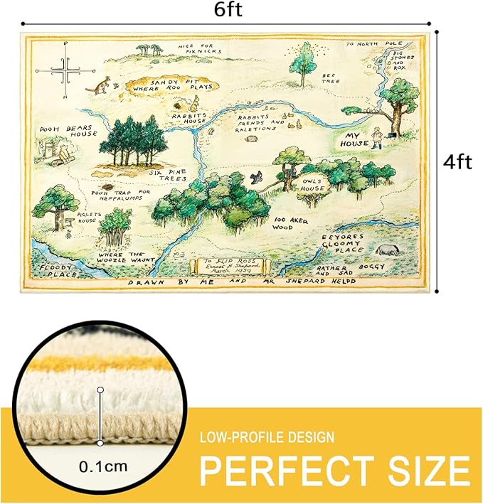 Estmy 4x6 Cute Woodland Nursery Rugs for Girls Boys Neutral Non Slip Washable, Stain Resistant Soft Shaggy Cartoon Fun Map Kids Playroom Rug, Vintage Whimsical Retro Area Rugs Carpet for Kids Bedroom