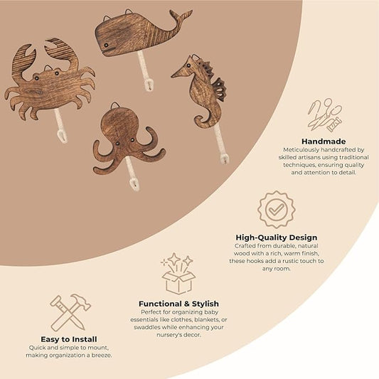 Crane Baby Sea Life Wooden Wall Hooks, Set of 4 Wood Wall Hooks, Ocean Nursery Decor, Wood Towel Hook, Kids Towel Hooks, Kids Coat Hooks, Kids Wall Hooks, Handmade Wooden Nursery Décor