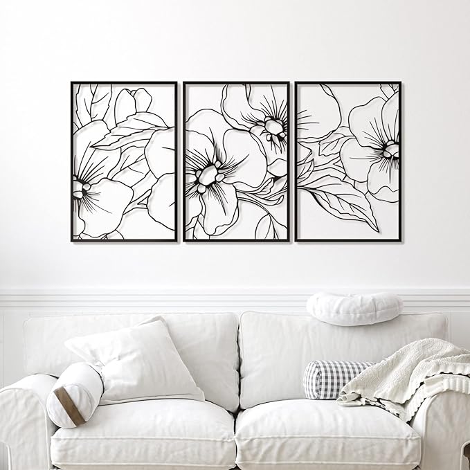 Vivegate Black Minimalist Floral Single Line Metal Wall Art Decor - 18"X12" 3 Packs Black Floral Abstract Minimalist Lines Wall signs for Hanging home wall decor