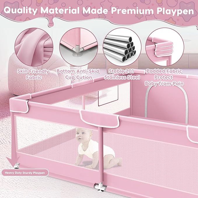 Baby Playpen, Baby Playard for Babies and Toddlers, BabyFence Play Pens for Indoor & Outdoor, Sturdy Safety Play Yard with Soft Breathable Mesh, Anti-Fall, 50 * 50 * 27 inches, Pink
